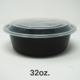 32 oz. Round Black Plastic Deli Container Set - 150/Case