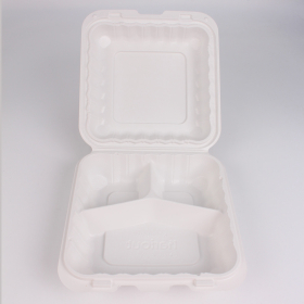 Square White Plastic 3-Compartment Hinged Food Container 8 X 8 X